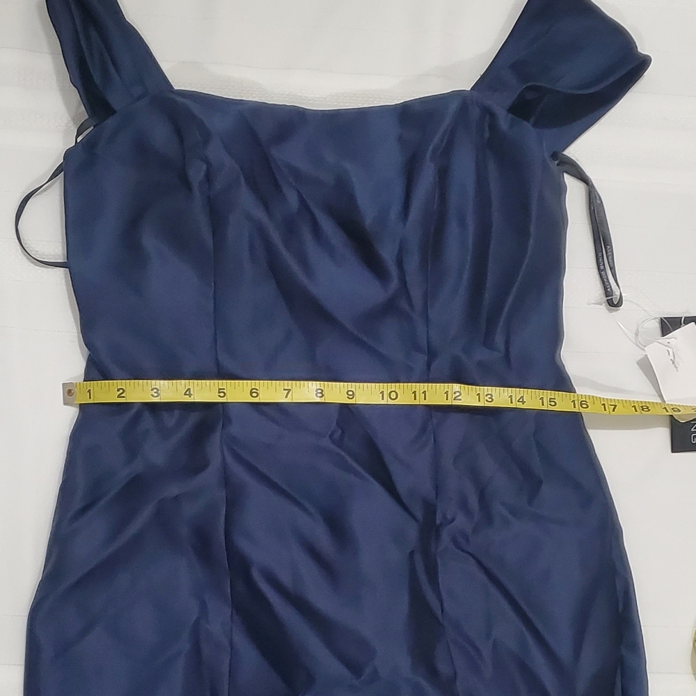 NWT ALFRED SUNG Off-The-Shoulder Bow Back Satin Trumpet Gown in Midnight Navy - Picture 7 of 12